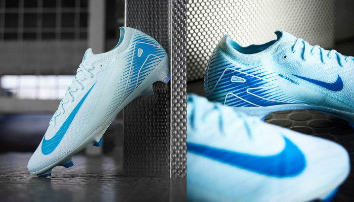 Chuteira de futebol Nike Mercurial Vapor 16 Elite FG Mad Ambition Azul, apresenta design moderno e tecnológico. Com cabedal Flyknit ultraleve, tecnologia Air Zoom para amortecimento e propulsão, além de sola com travas para máxima tração em gramados naturais. Ideal para jogadores que buscam velocidade, conforto e desempenho de alto nível.